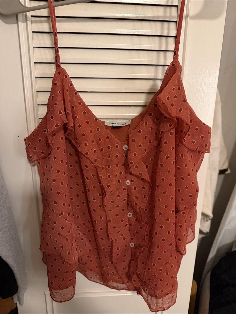 American Eagle Outfitters Rust Polka Dot Ruffle Button Cami
